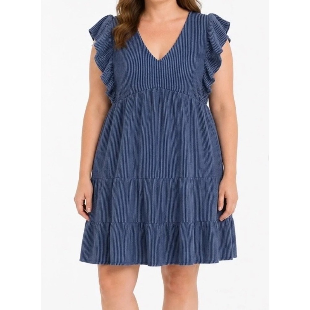 Simply Southern Babydoll Dress Womens XXL Blue Ruffle Tiered Ribbed Excellent